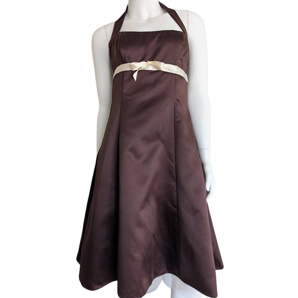 Vintage Brown Satin Halter Cocktail Dress XS 90s Y2K Bow Party Coquette Occasion - Picture 1 of 5
